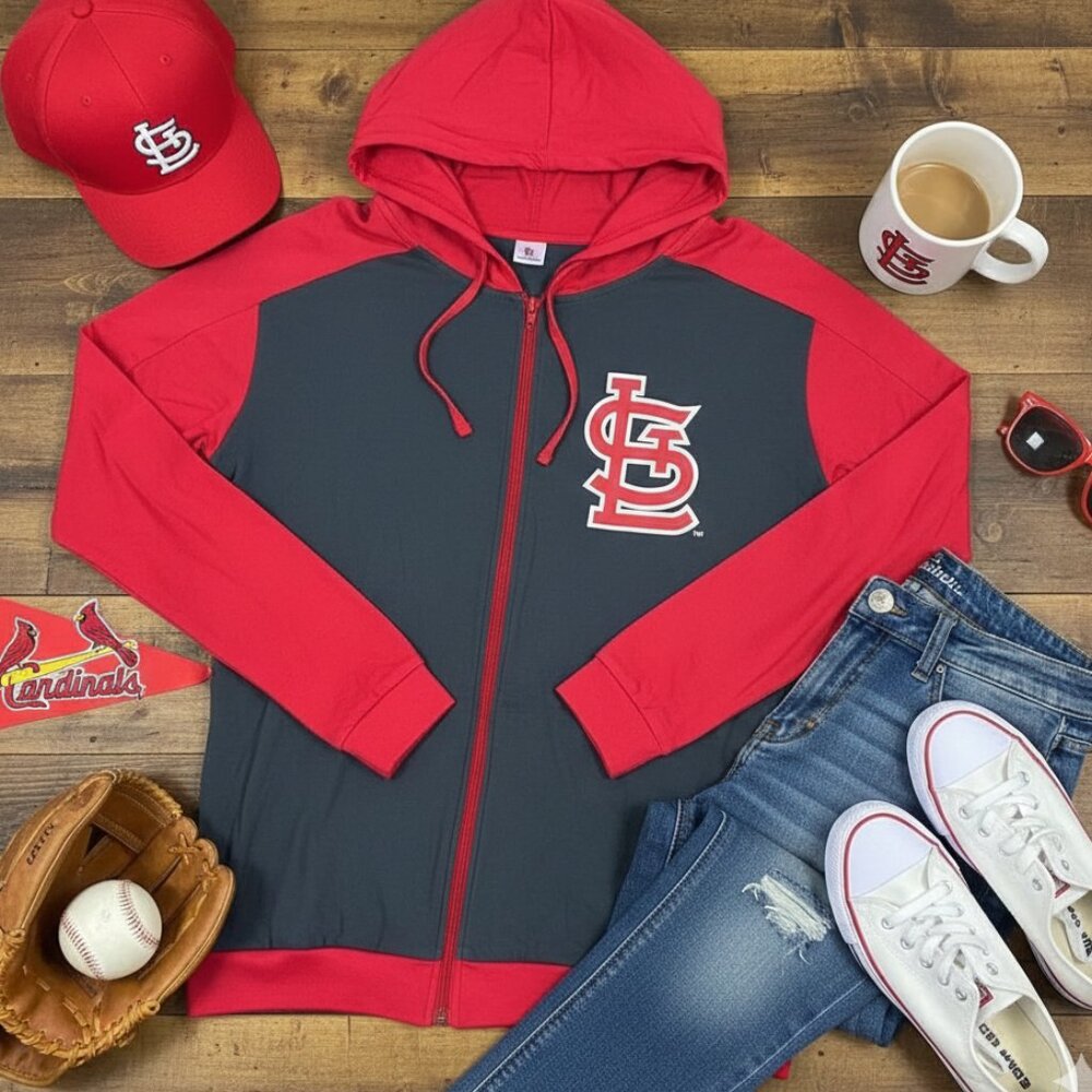 MLB St. Louis Cardinals Full-Zip Hoodie | Grey & Red | Medium